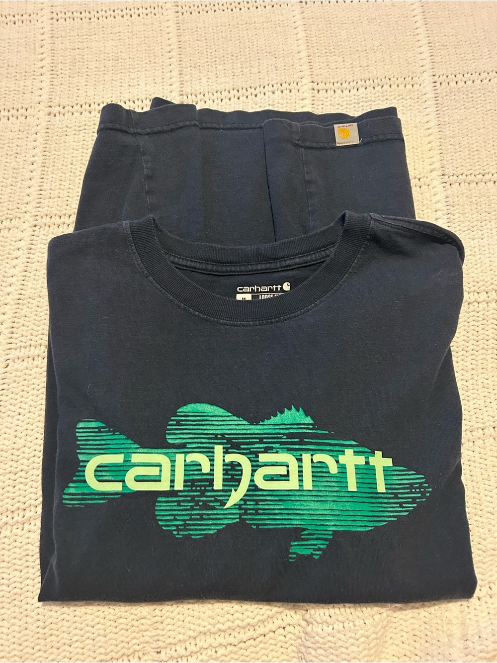 Carhartt Men’s Navy Tee with Bright Green Fish Logo